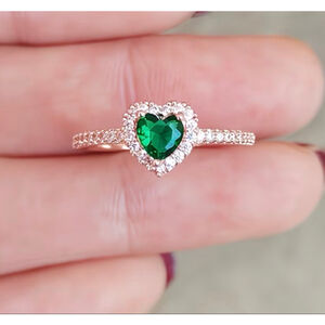 Heart-Shaped Emerald Halo Ring in Gold with Pavé Band
